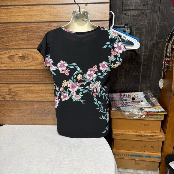 Twenty second size small twist front Floral Black Blouse with Pink Accents - Picture 4 of 7